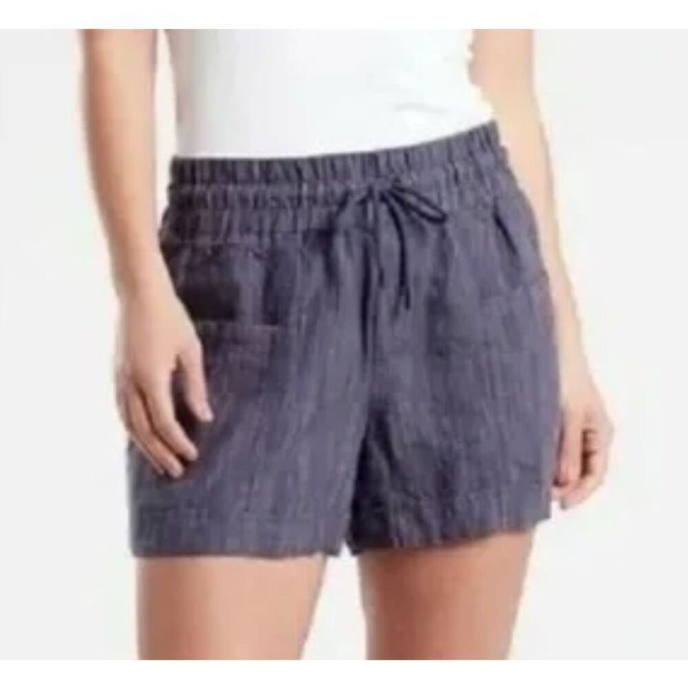 Athleta Cabo Linen Textured 4” Short Women’s 6 Blue Drawstring Elastic Waist